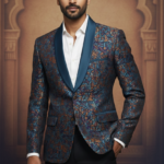 Mosaic Pattern Blazer with Blue Shawl Collar