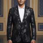 Black Double-Breasted Blazer with Subtle Silver Floral Pattern