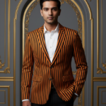 Orange & Black Striped Double-Breasted Blazer