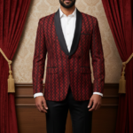 Men's Luxury Maroon & Black Checkered Jacquard Tuxedo Blazer
