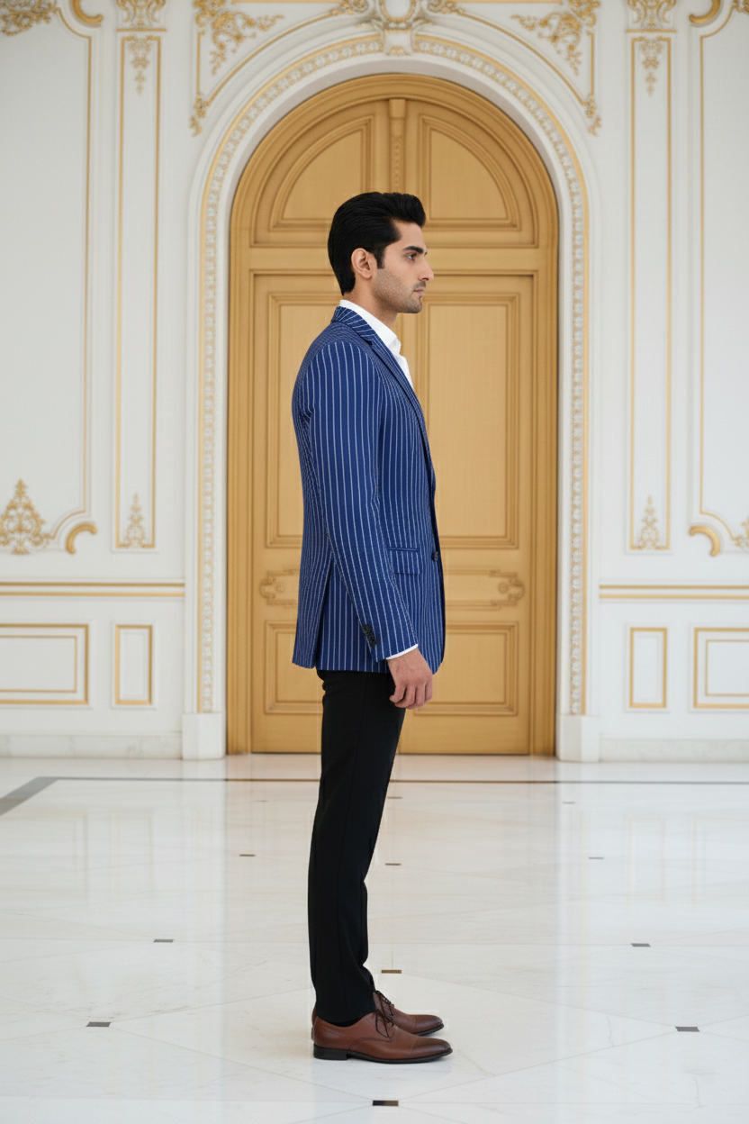 Men's Premium Royal Blue Striped Jacquard Blazer - Image 3