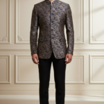 Mens Premium Navy Blue & Gold Silk Jacquard Jodhpuri Suit