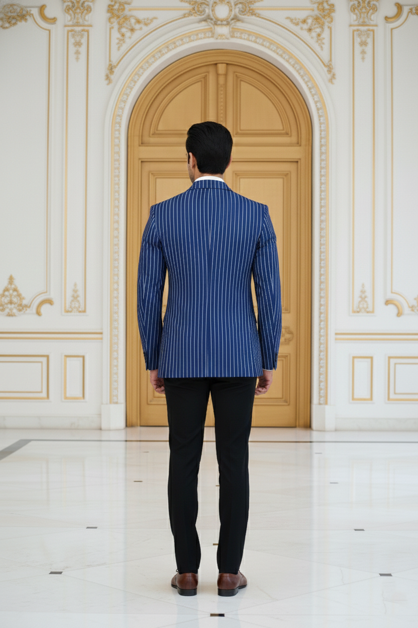 Men's Premium Royal Blue Striped Jacquard Blazer - Image 4