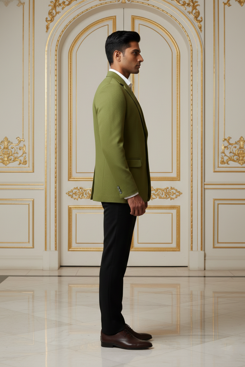 Men's Slim Fit Olive Green Jacquard Blazer - Image 3