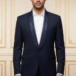 Mens Navy Blue Quilted Shawl Lapel Blazer