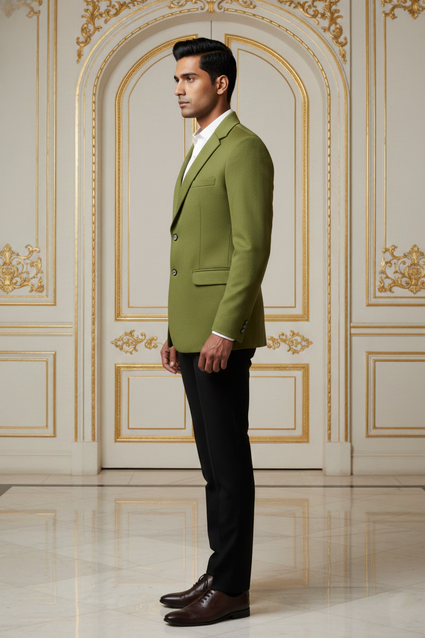 Men's Slim Fit Olive Green Jacquard Blazer - Image 4