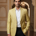 Men's Slim Fit Yellow Checkered Blazer