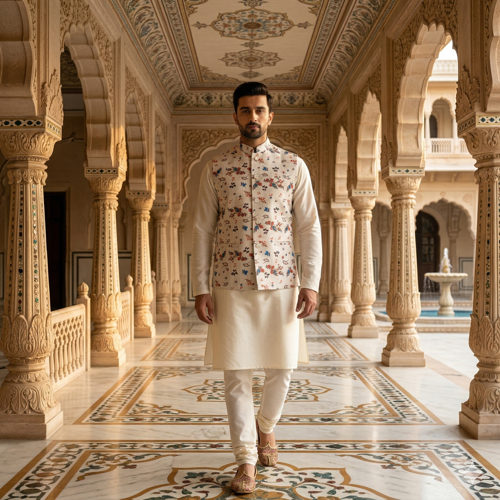 Men’s Ivory Silk Blend Kurta Pajama Set with Floral Printed Nehru Jacket