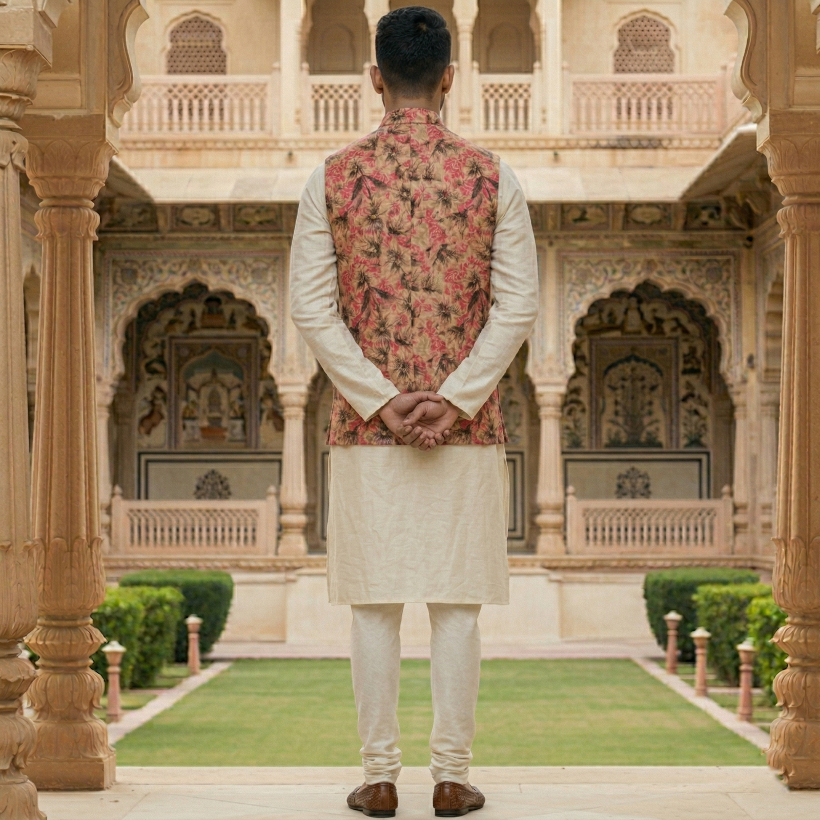 Men’s Ivory Silk Blend Kurta Pajama Set with Bold Pink Floral Nehru Jacket - Image 2