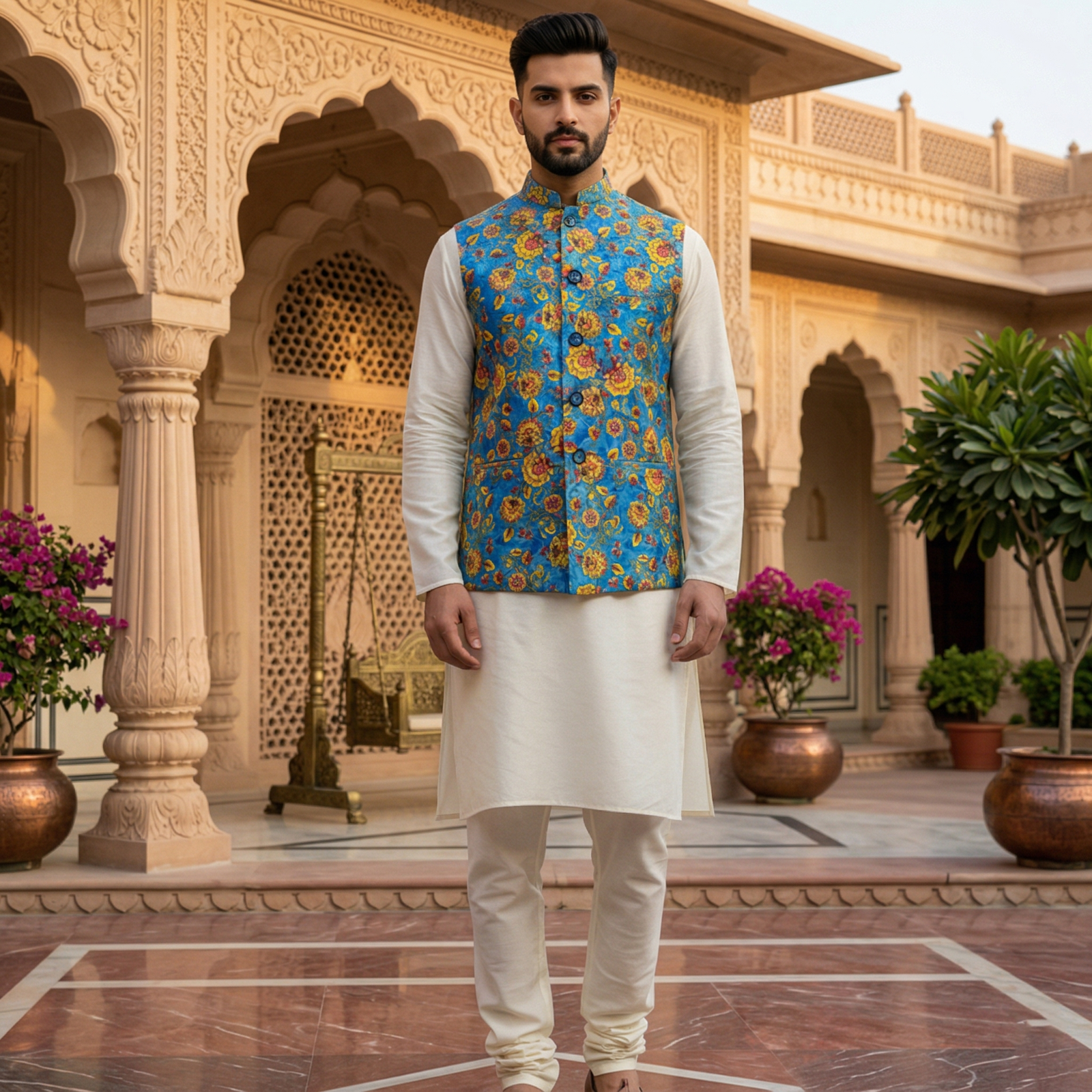 Men’s Ivory Silk Blend Kurta Pajama Set with Cerulean Blue Floral Nehru Jacket