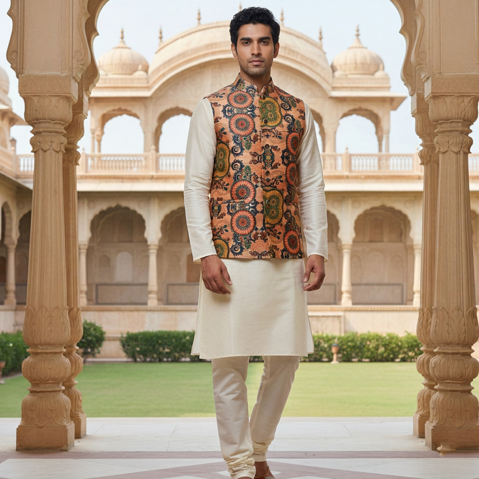 Men’s Ivory Silk Blend Kurta Pajama Set with Terracotta Mandala Printed Nehru Jacket