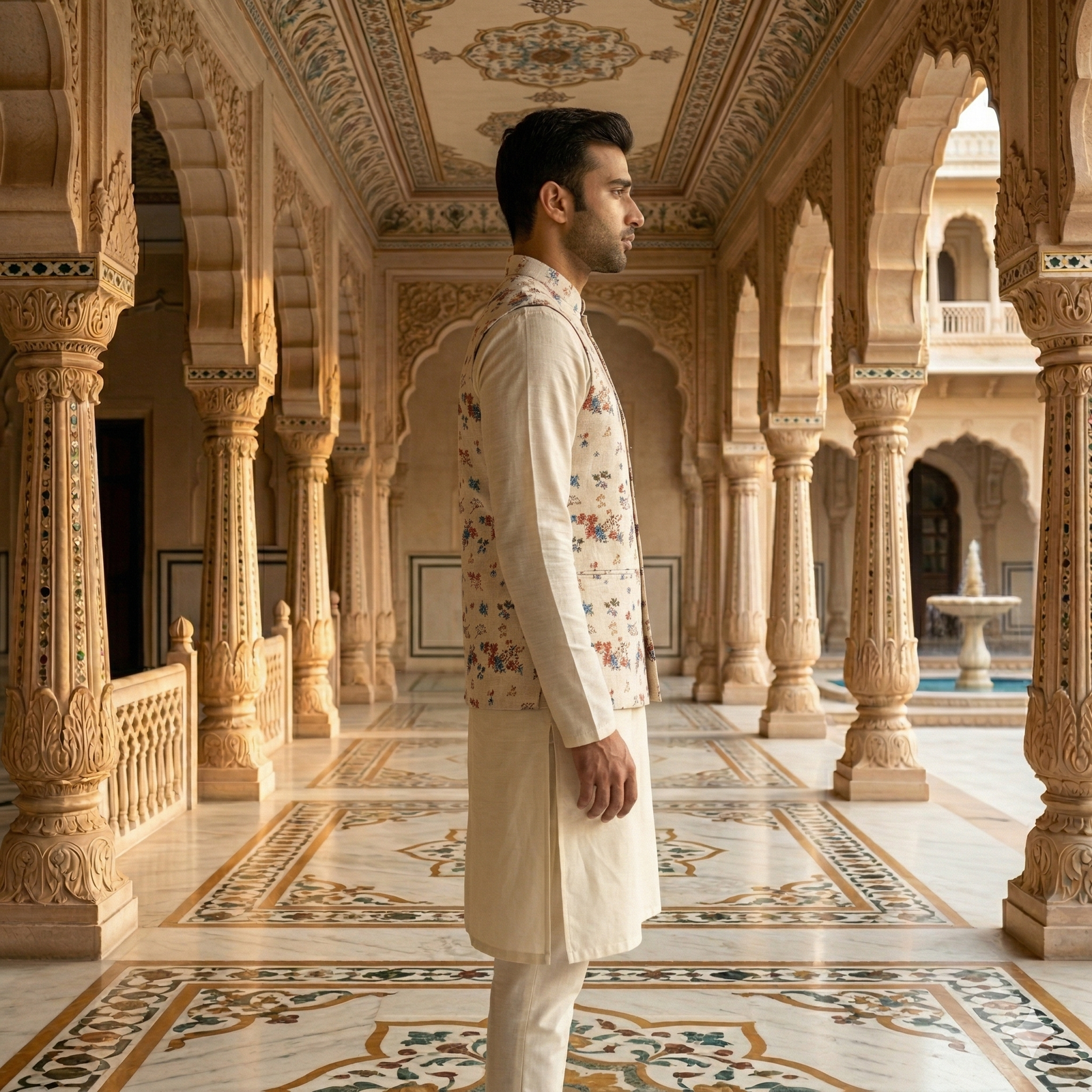 Men’s Ivory Silk Blend Kurta Pajama Set with Floral Printed Nehru Jacket - Image 2