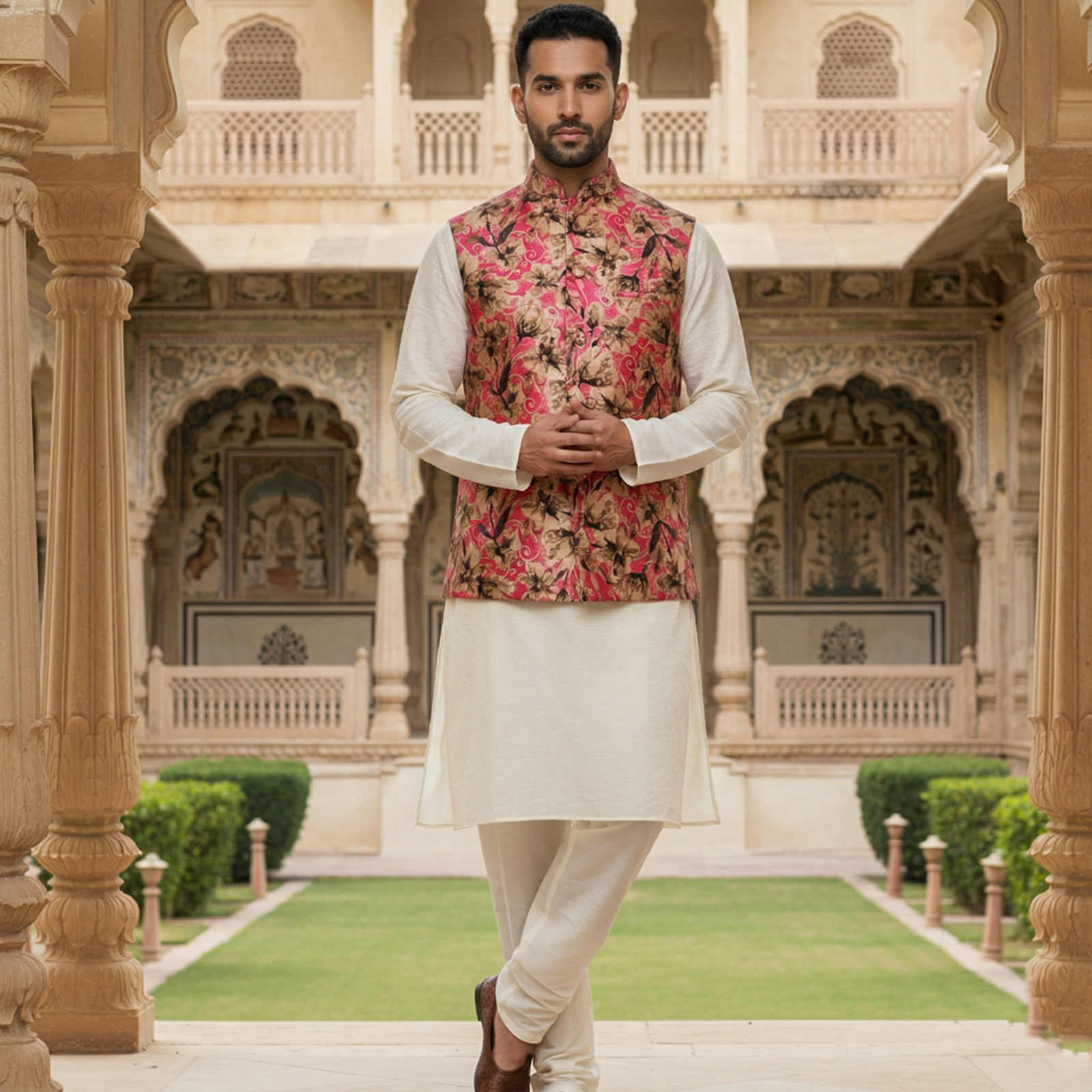 Men’s Ivory Silk Blend Kurta Pajama Set with Bold Pink Floral Nehru Jacket