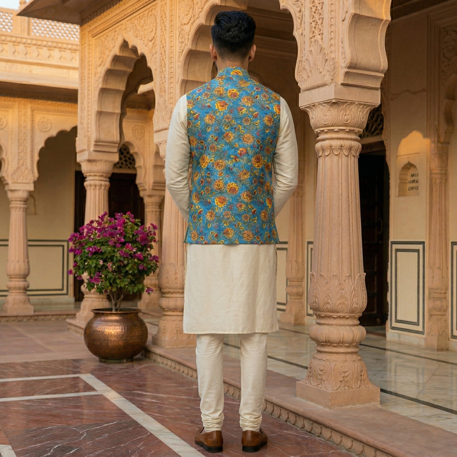 Men’s Ivory Silk Blend Kurta Pajama Set with Cerulean Blue Floral Nehru Jacket - Image 2