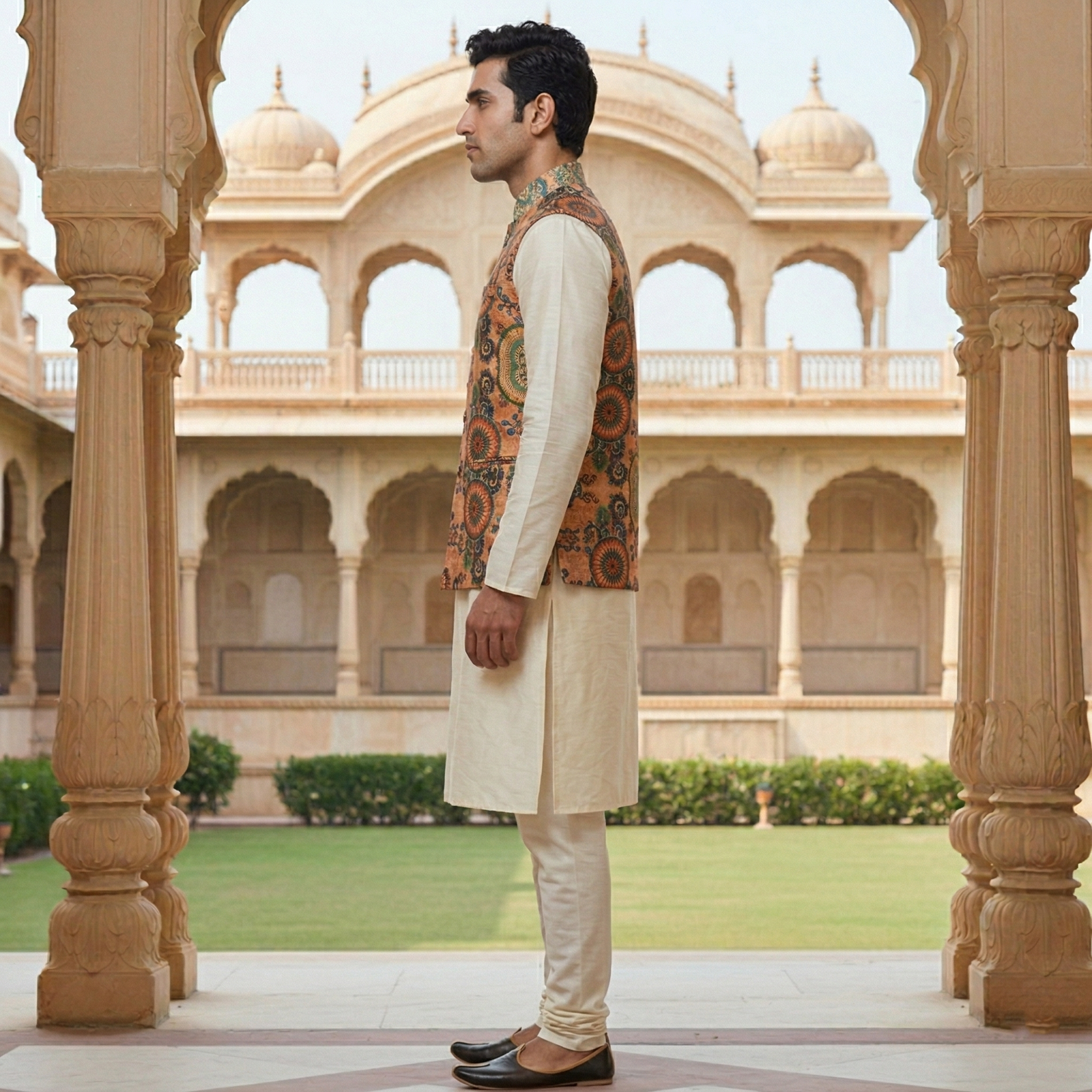 Men’s Ivory Silk Blend Kurta Pajama Set with Terracotta Mandala Printed Nehru Jacket - Image 2