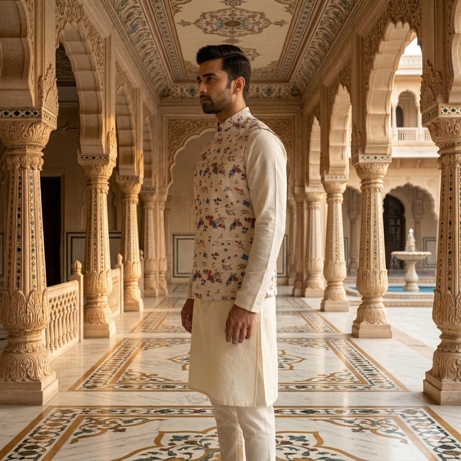 Men’s Ivory Silk Blend Kurta Pajama Set with Floral Printed Nehru Jacket - Image 3
