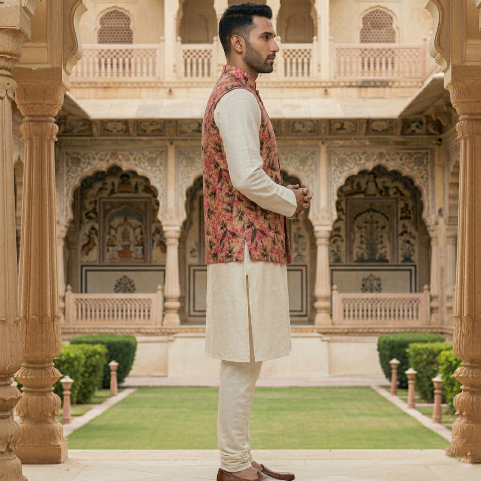 Men’s Ivory Silk Blend Kurta Pajama Set with Bold Pink Floral Nehru Jacket - Image 3