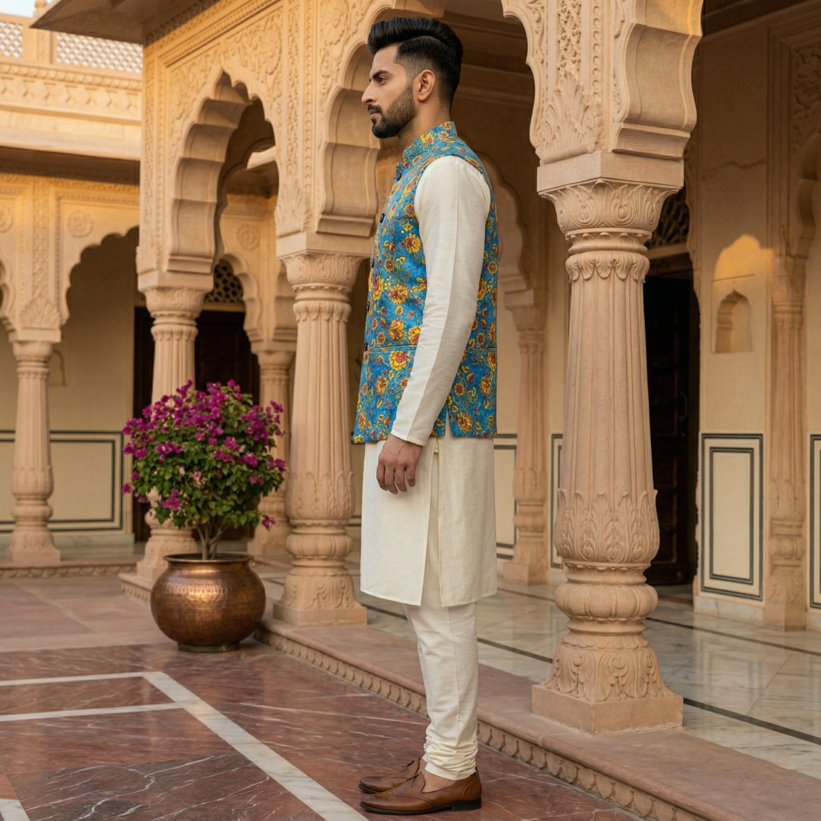 Men’s Ivory Silk Blend Kurta Pajama Set with Cerulean Blue Floral Nehru Jacket - Image 3