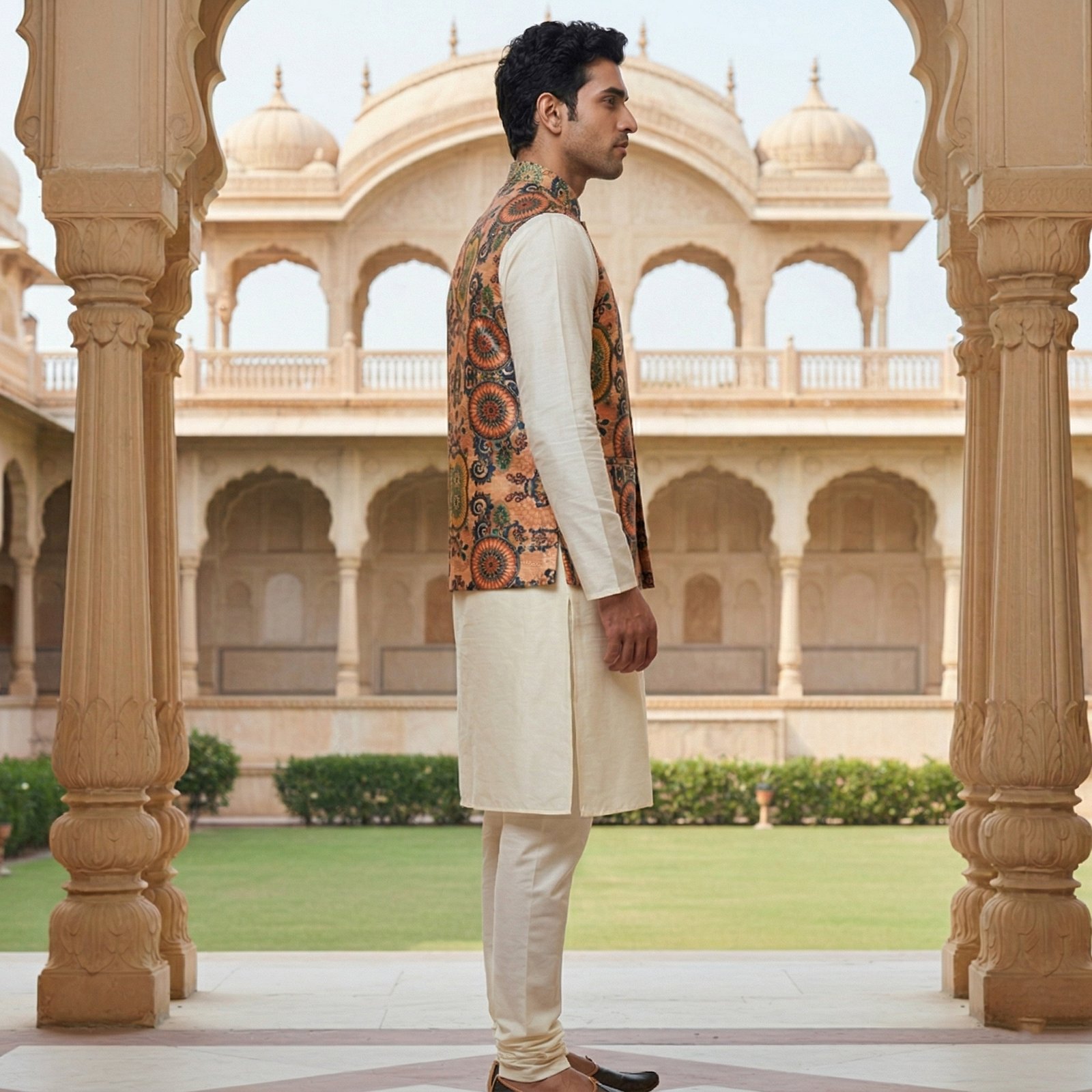 Men’s Ivory Silk Blend Kurta Pajama Set with Terracotta Mandala Printed Nehru Jacket - Image 3