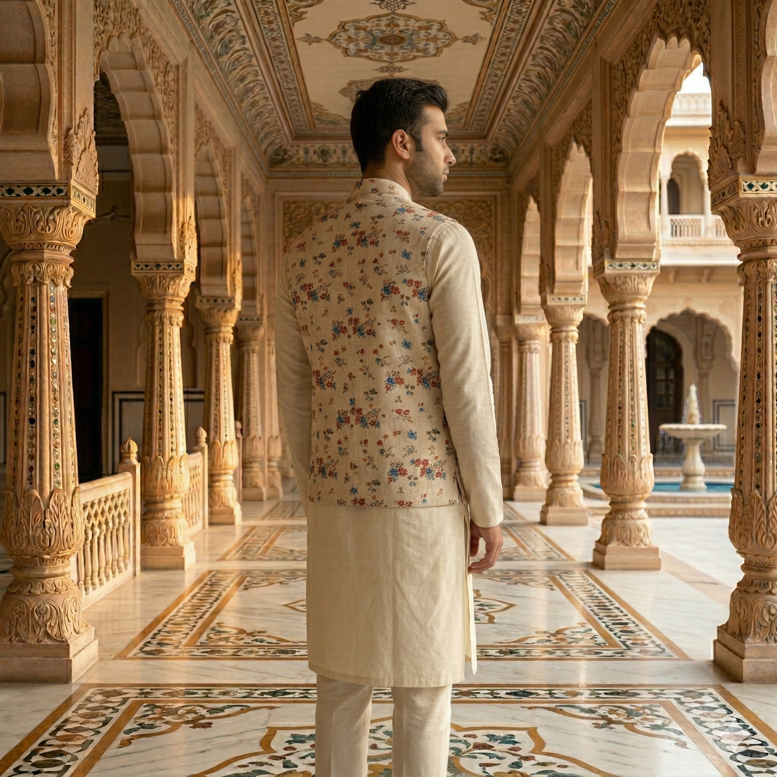 Men’s Ivory Silk Blend Kurta Pajama Set with Floral Printed Nehru Jacket - Image 4