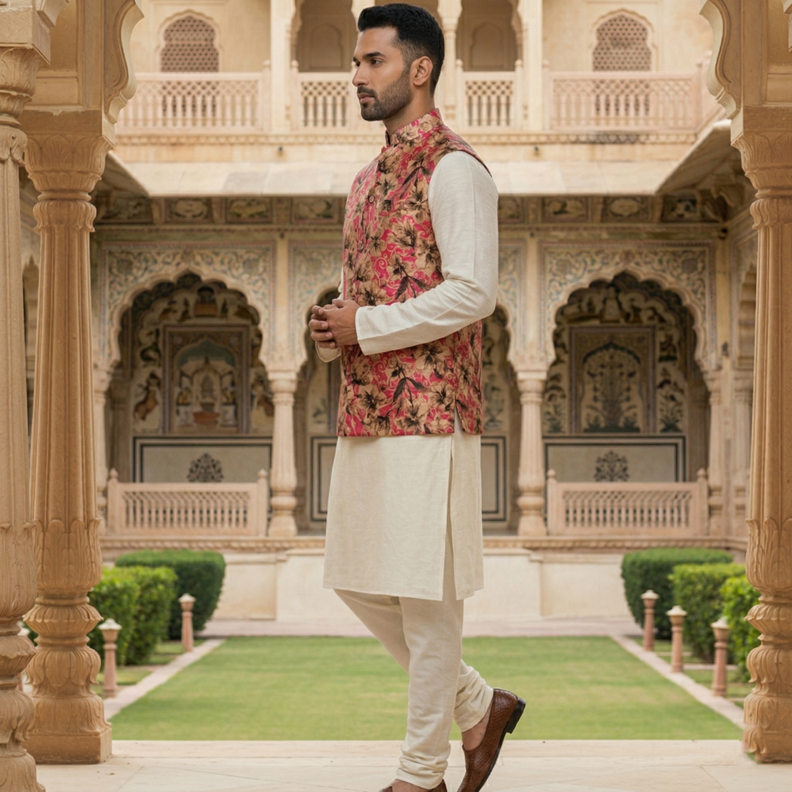 Men’s Ivory Silk Blend Kurta Pajama Set with Bold Pink Floral Nehru Jacket - Image 4
