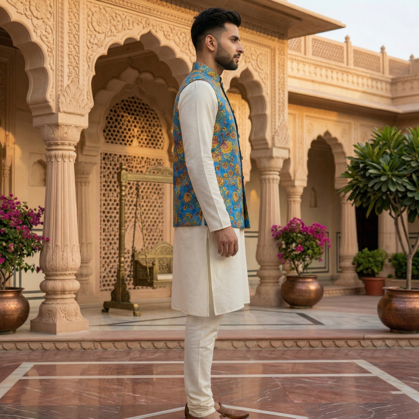 Men’s Ivory Silk Blend Kurta Pajama Set with Cerulean Blue Floral Nehru Jacket - Image 4