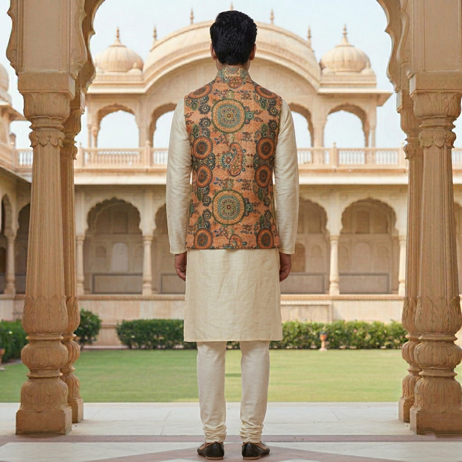 Men’s Ivory Silk Blend Kurta Pajama Set with Terracotta Mandala Printed Nehru Jacket - Image 4