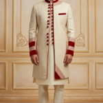 Cream Sherwani with Red Accents