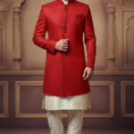 Red Textured Sherwani with Emblem