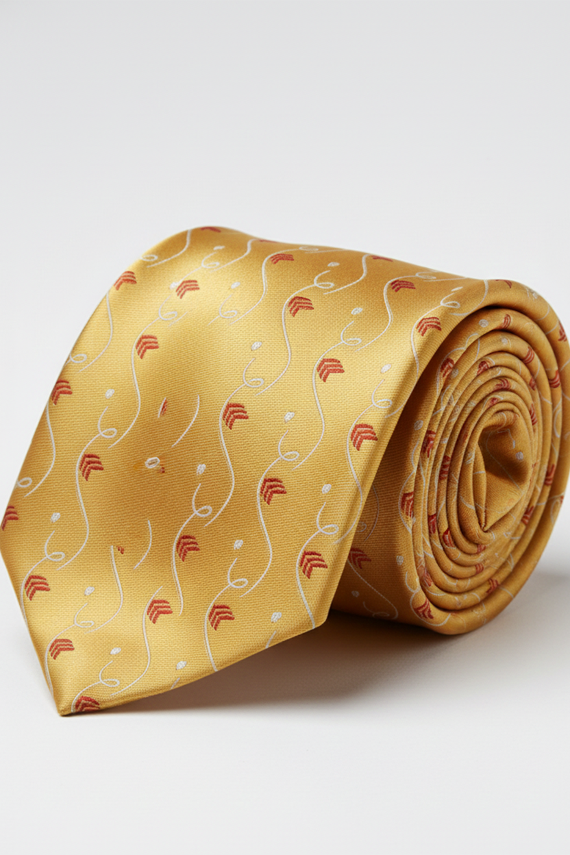 Luxury Golden Silk Tie with Red & White Print – Designer Formal Necktie