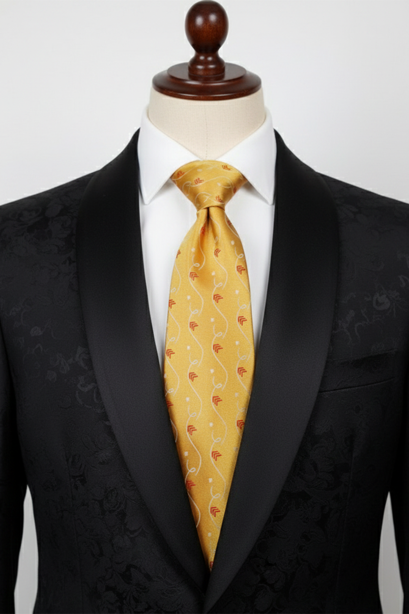 Luxury Golden Silk Tie with Red & White Print – Designer Formal Necktie - Image 2