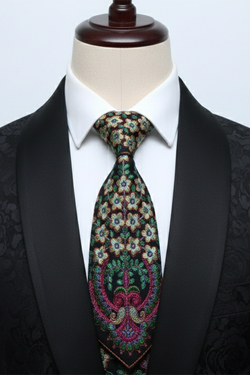 Luxury Handcrafted Silk Tie with Ornate Floral Motif – Black - Image 2