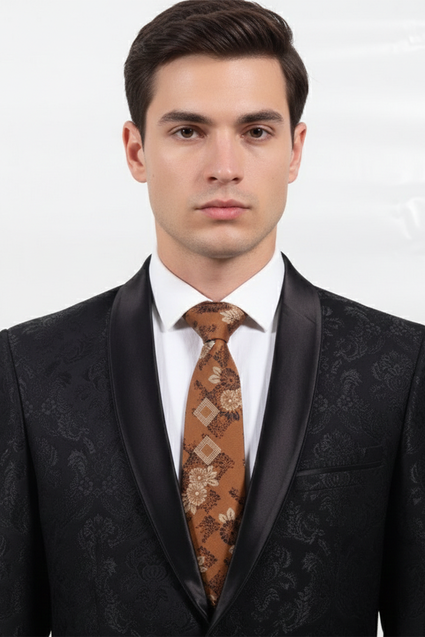 Men's Vintage Floral Silk Tie – Bronze & Copper Jacquard Necktie - Image 3