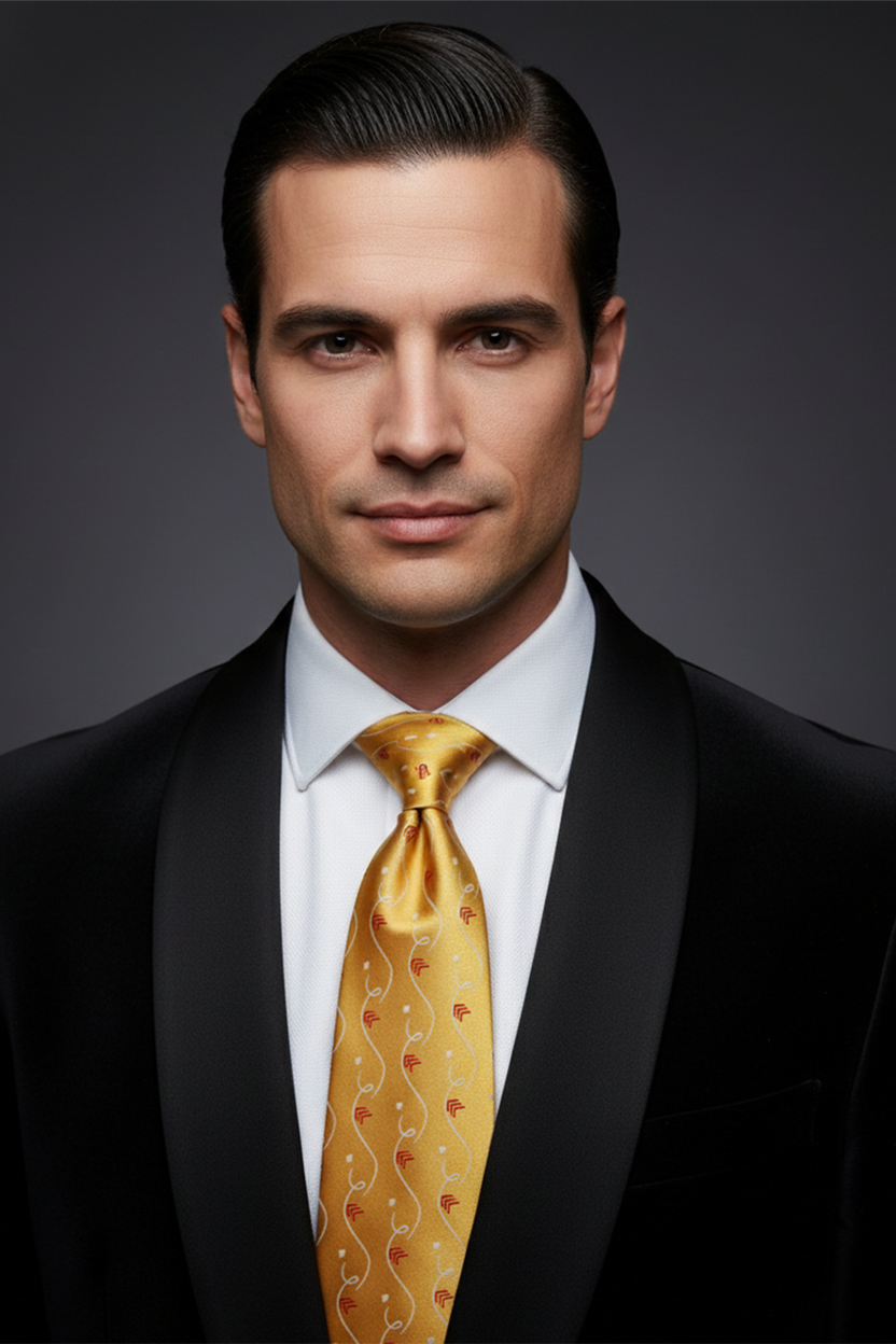 Luxury Golden Silk Tie with Red & White Print – Designer Formal Necktie - Image 3