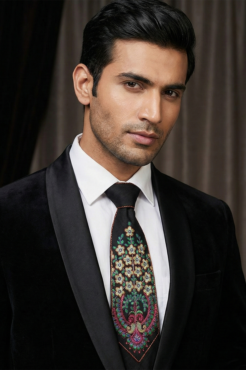 Luxury Handcrafted Silk Tie with Ornate Floral Motif – Black - Image 3