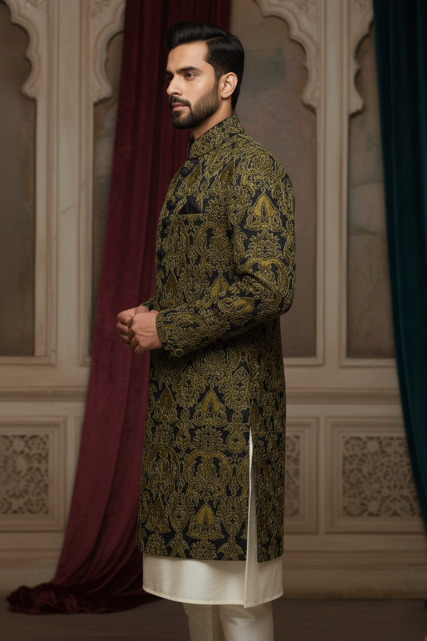 Black Sherwani with Golden Embroidery - Image 4