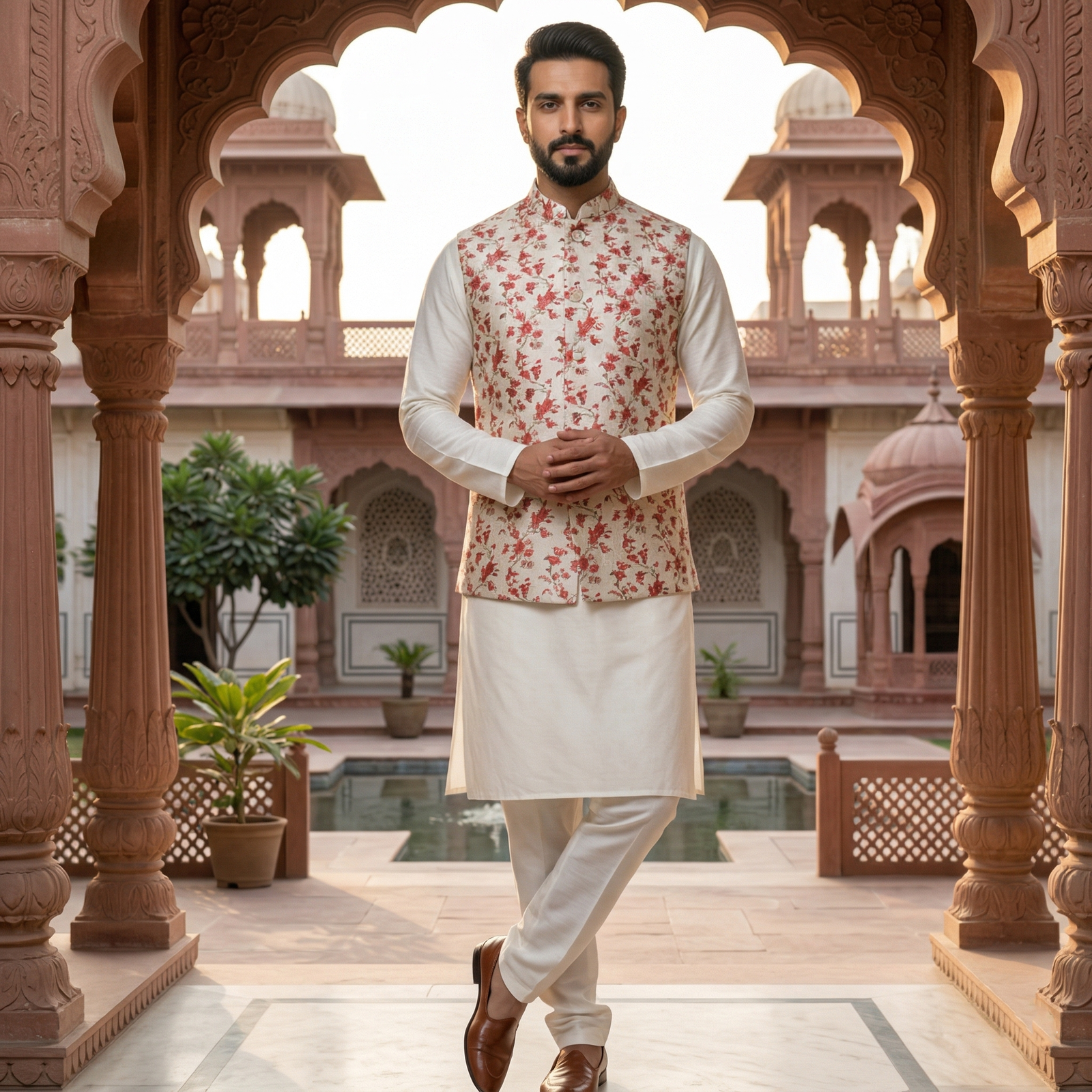 Men's Silk Blend Kurta Pajama Set with Rose Floral Printed Nehru Jacket