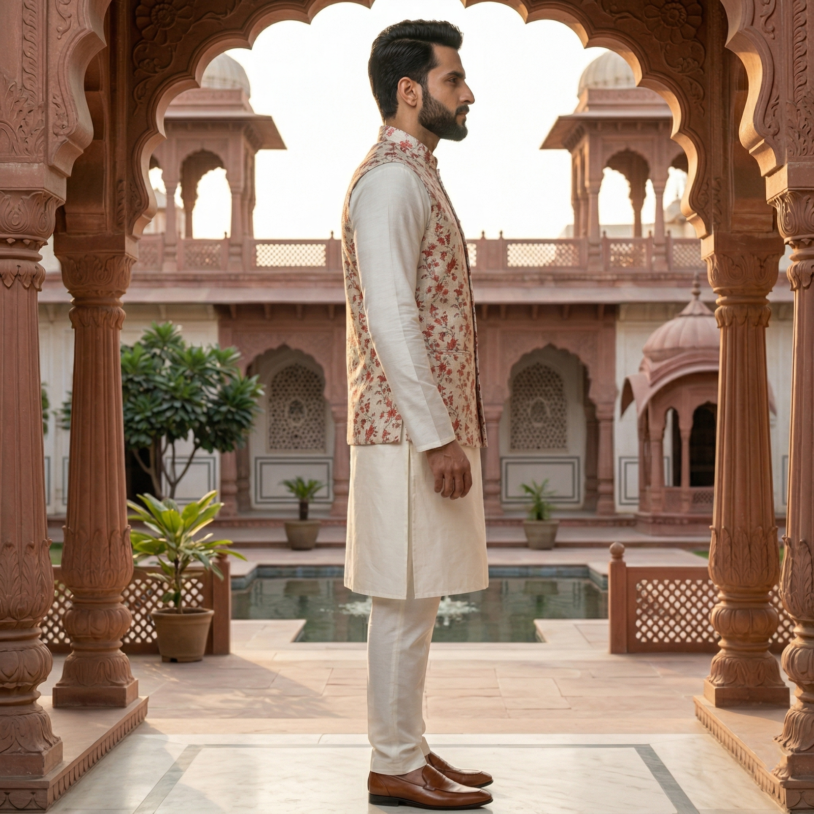 Men's Silk Blend Kurta Pajama Set with Rose Floral Printed Nehru Jacket - Image 3