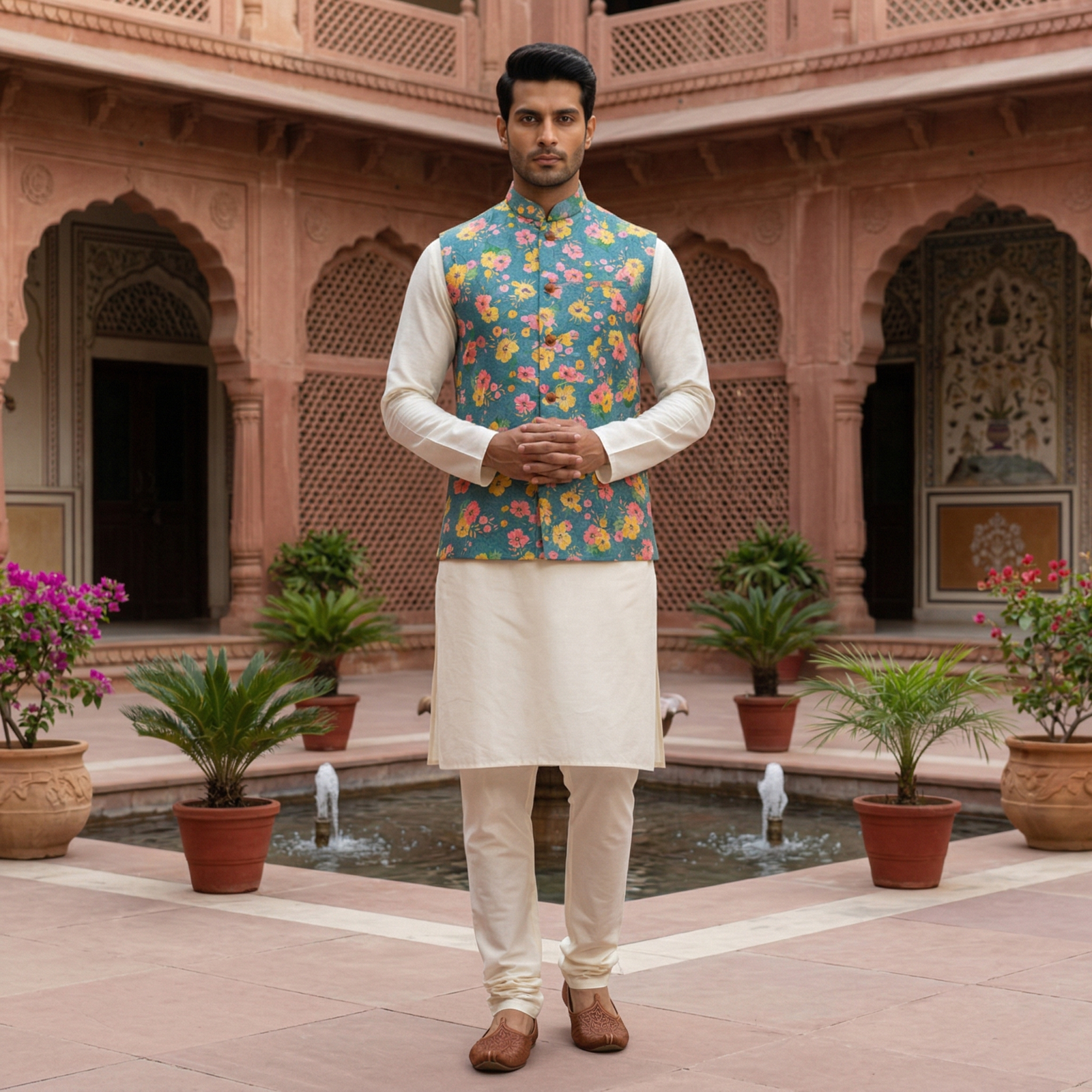 Men's Teal Blue Floral Printed Nehru Jacket with Silk Blend Kurta Pajama Set