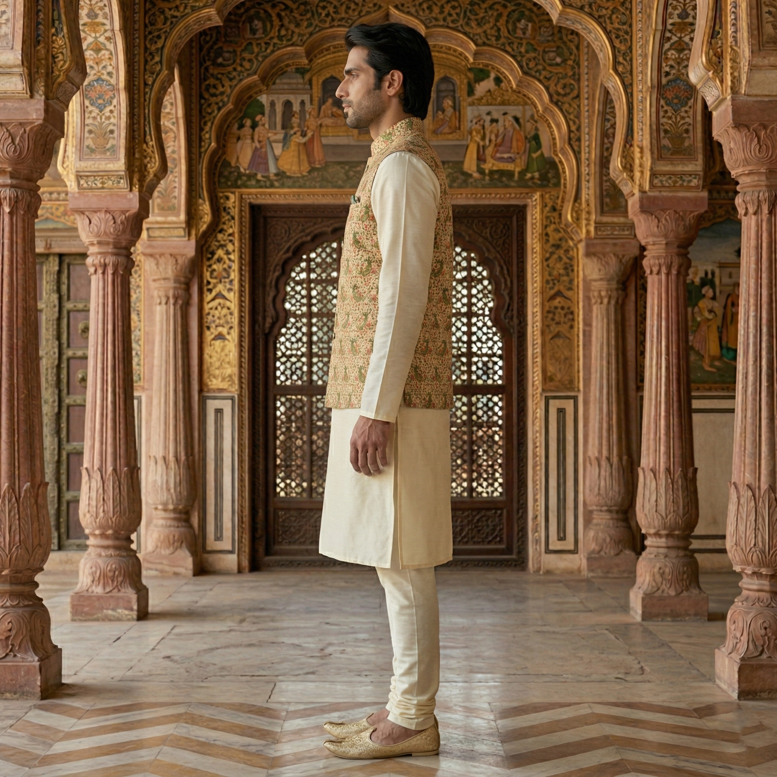 Men's Silk Blend Kurta Pajama Set with Peacock Motif Printed Nehru Jacket - Image 3
