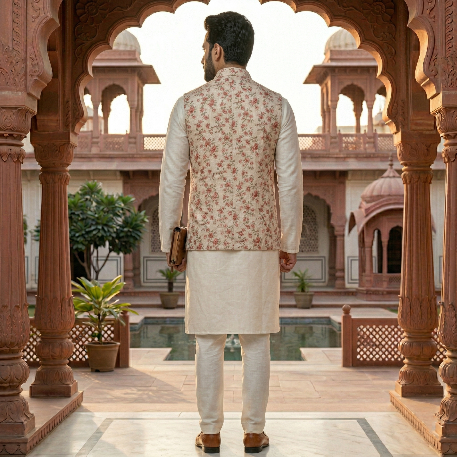 Men's Silk Blend Kurta Pajama Set with Rose Floral Printed Nehru Jacket - Image 2