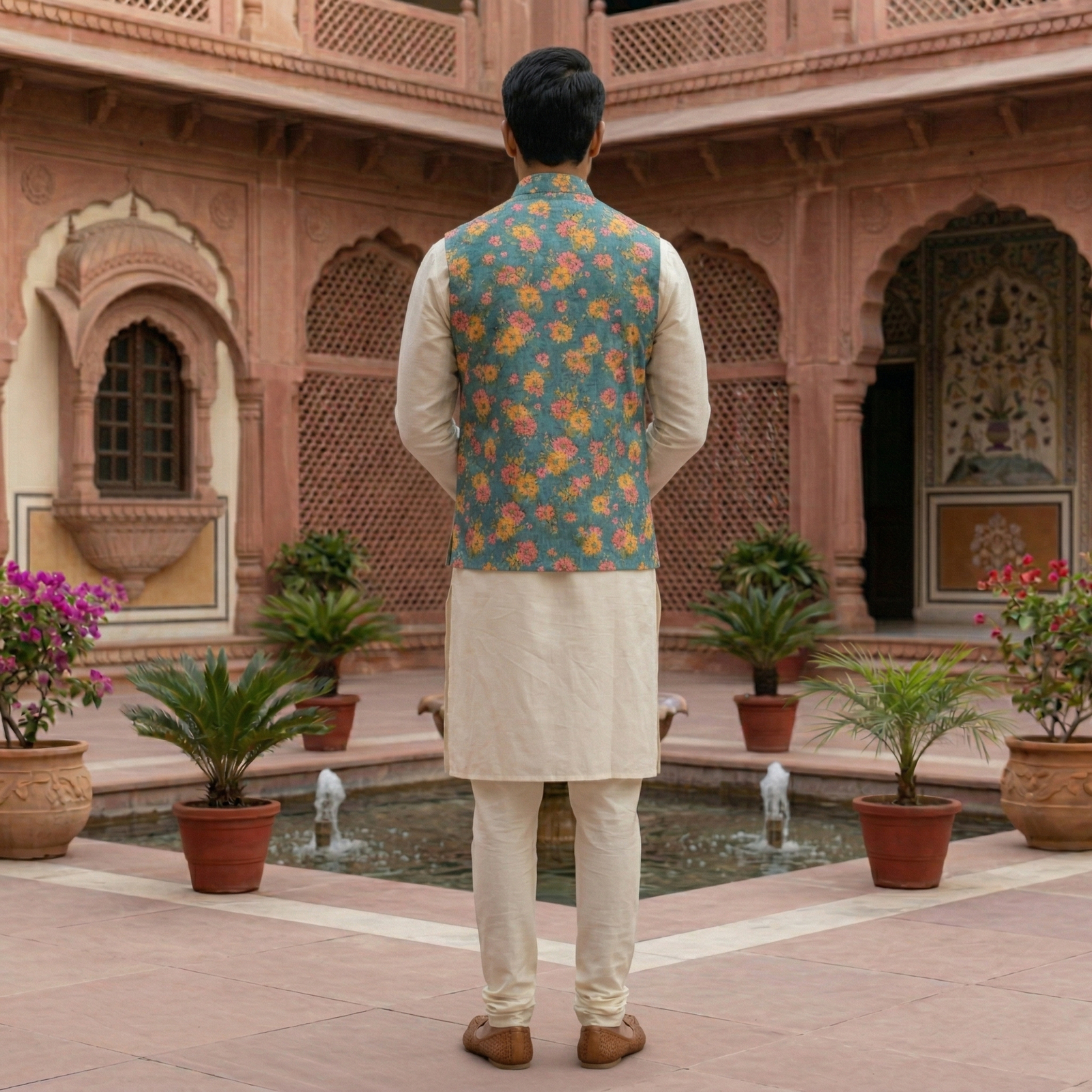 Men's Teal Blue Floral Printed Nehru Jacket with Silk Blend Kurta Pajama Set - Image 3