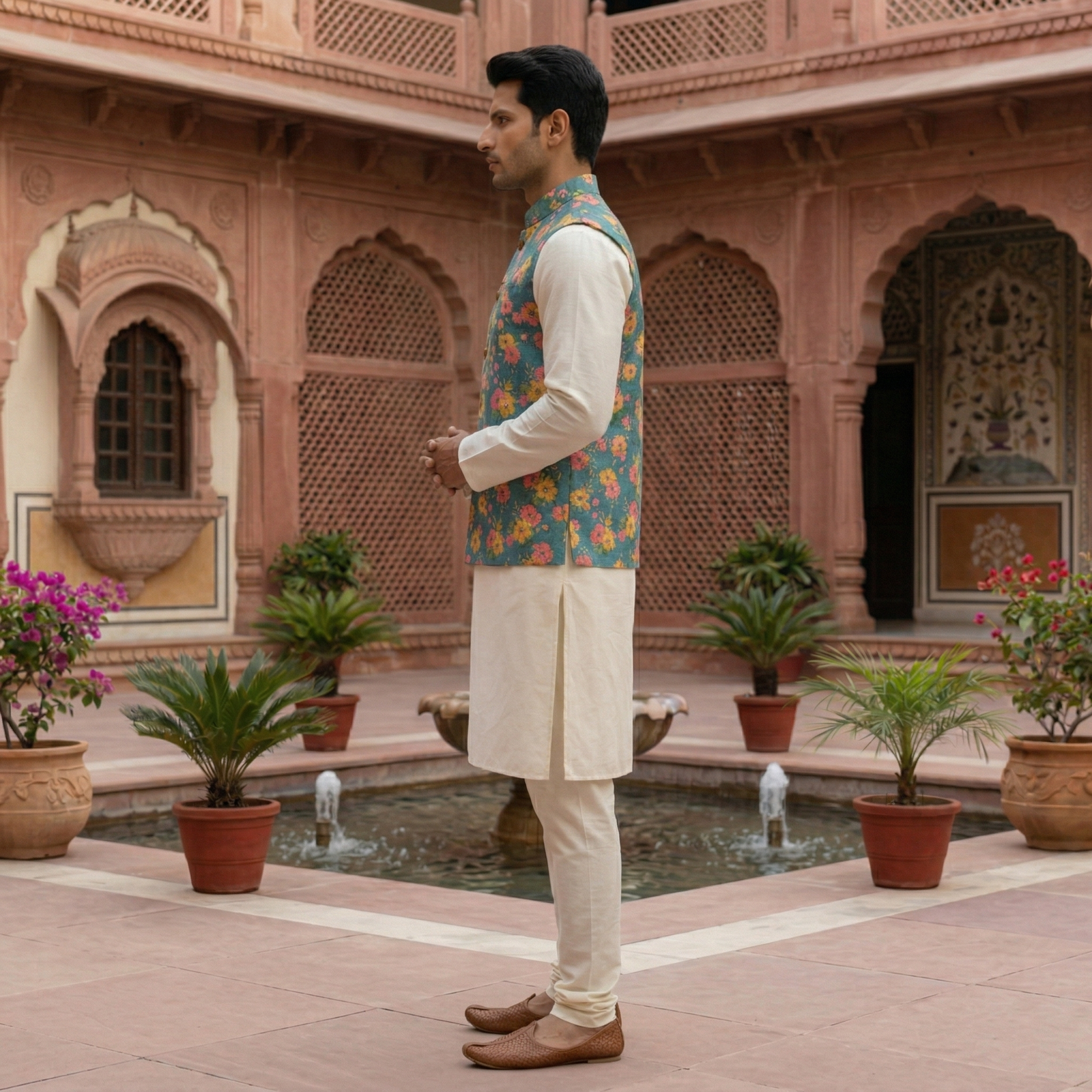 Men's Teal Blue Floral Printed Nehru Jacket with Silk Blend Kurta Pajama Set - Image 4
