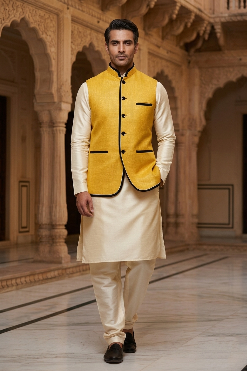 Men’s Mustard Yellow Nehru Jacket with Cream Silk Blend Kurta Pajama Set