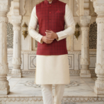 Men's Deep Maroon Checkered Nehru Jacket Set – Premium Windowpane Printed Waistcoat with Ivory Silk Blend Kurta & Pajama