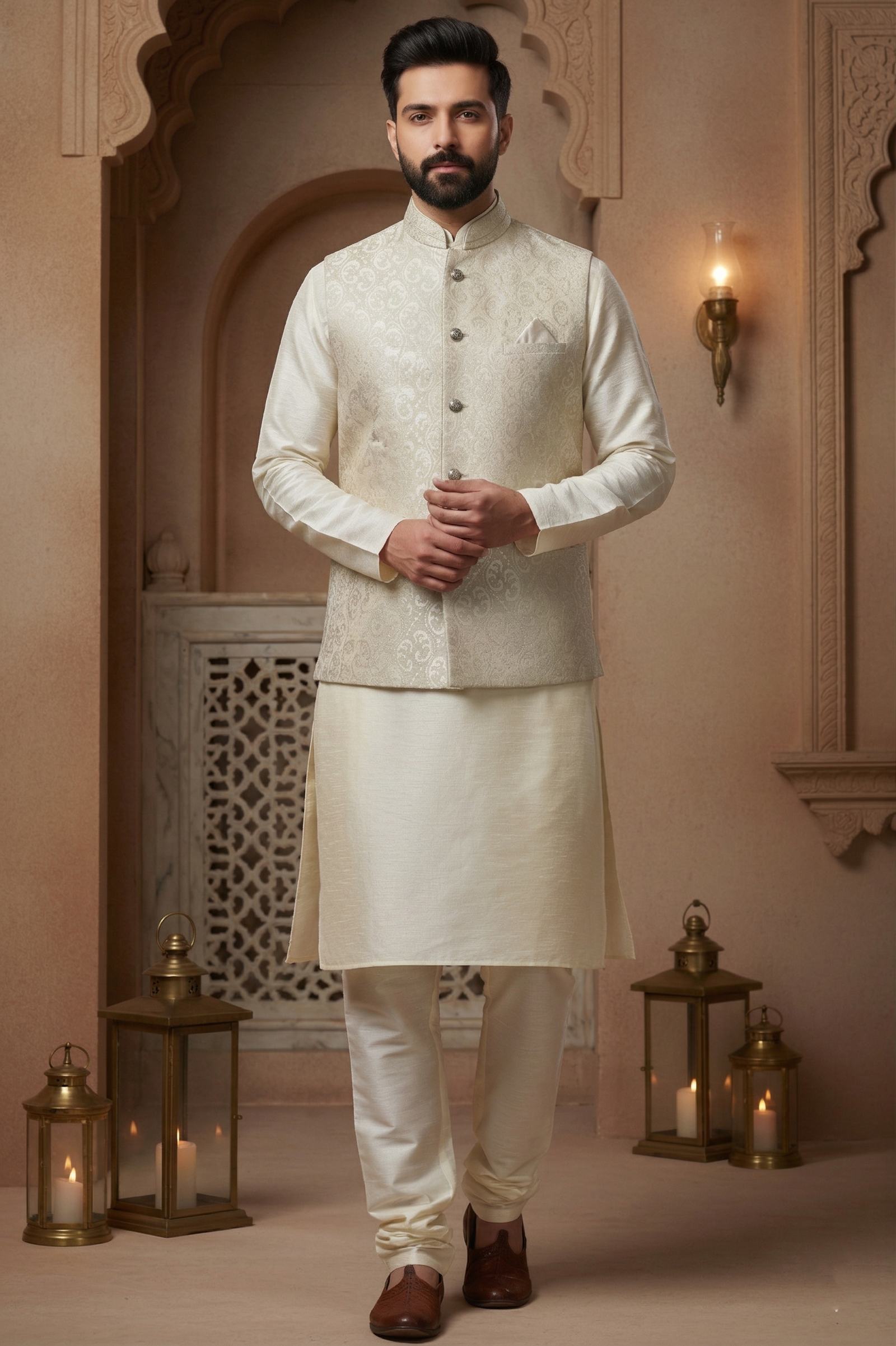 Men’s Ivory Silk Kurta Pajama Set with Jacquard Nehru Jacket