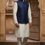 Men’s Cream Silk Kurta Pajama with Navy Blue Nehru Jacket