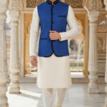 Men’s Royal Blue Textured Nehru Jacket with Black Piping Accents