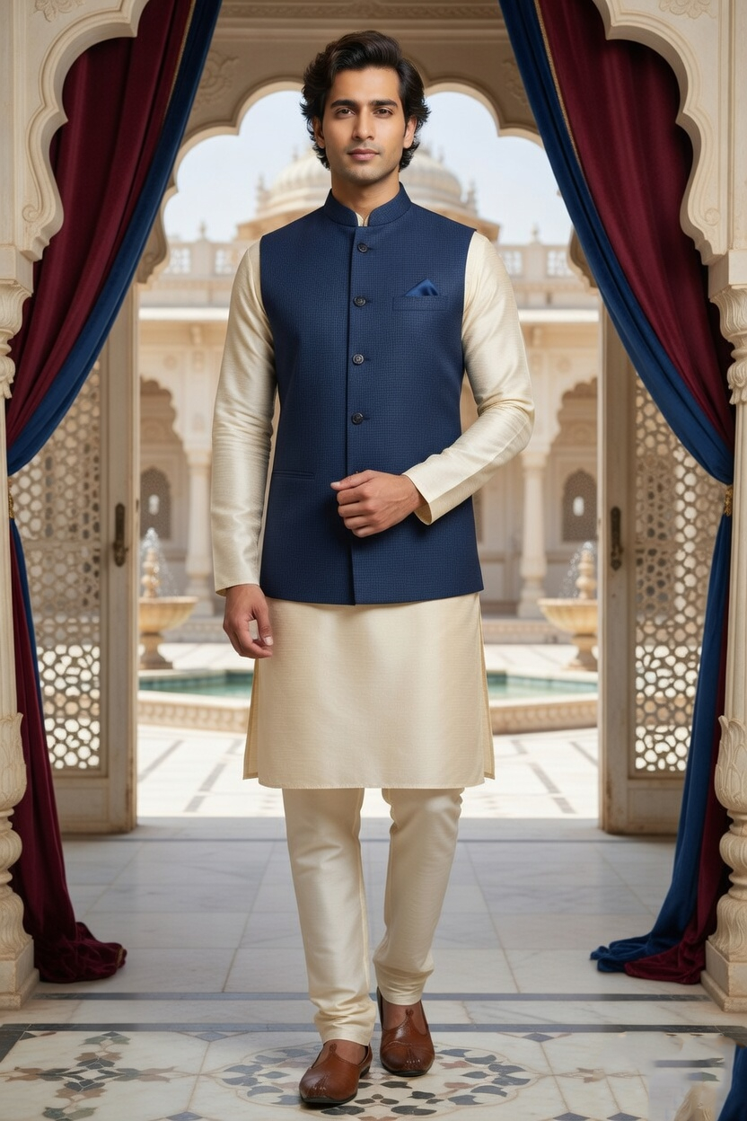 Men’s Midnight Navy Textured Nehru Jacket & Champagne Silk Blend Kurta Pajama Set