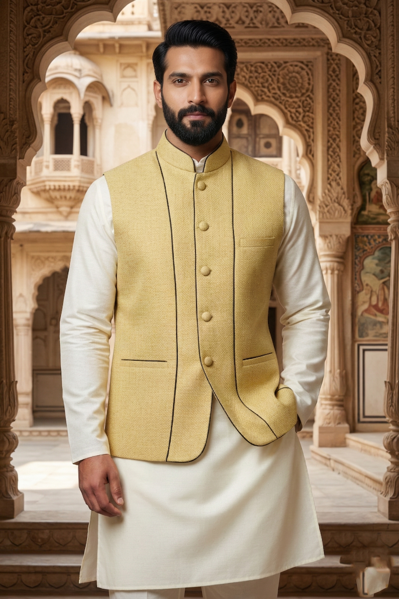 Men’s Mustard Yellow Textured Nehru Jacket & Silk Blend Kurta Pajama Set